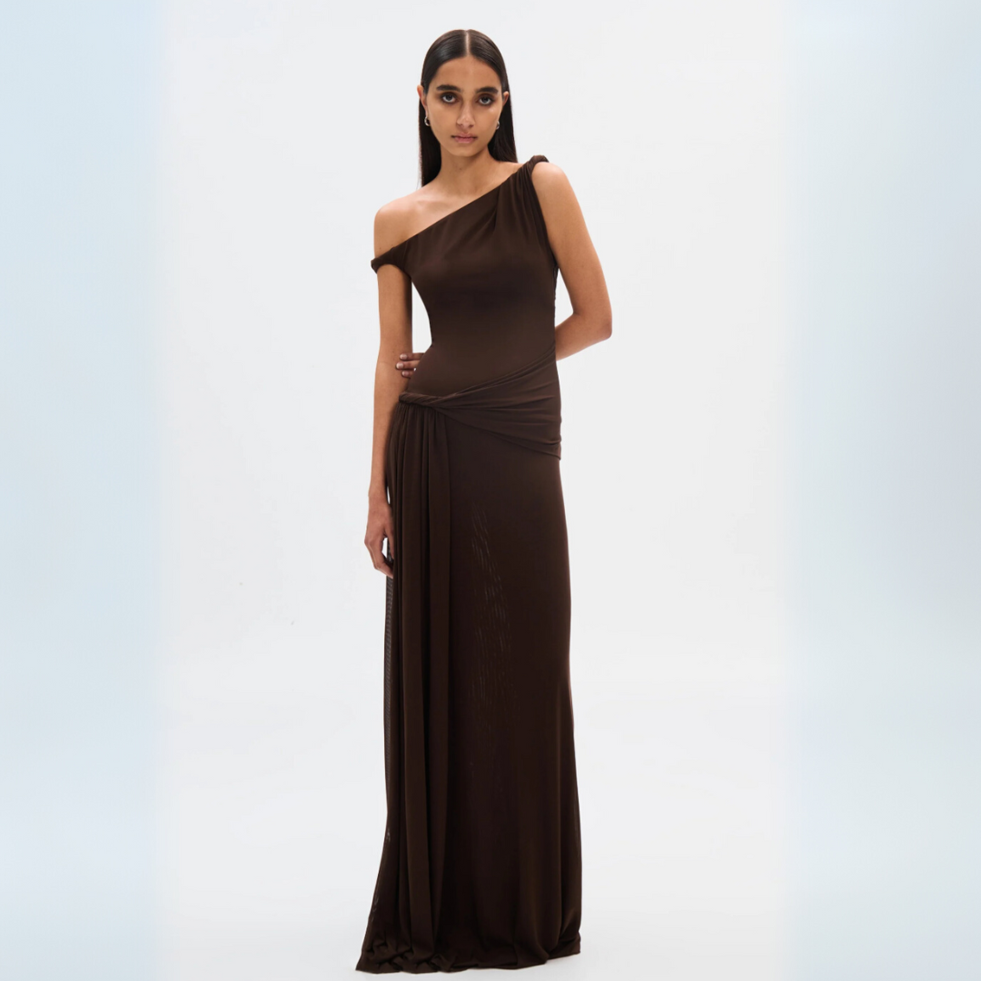 Nadia - Elegante abito lungo con spalle scese e schiena scoperta