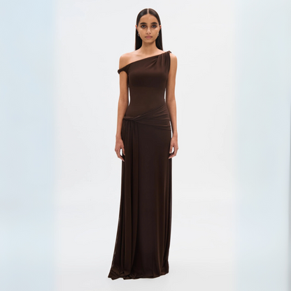 Nadia - Elegante abito lungo con spalle scese e schiena scoperta