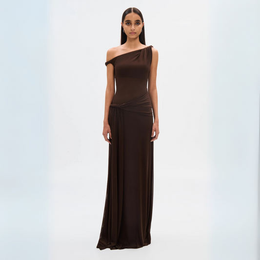 Nadia - Elegante abito lungo con spalle scese e schiena scoperta