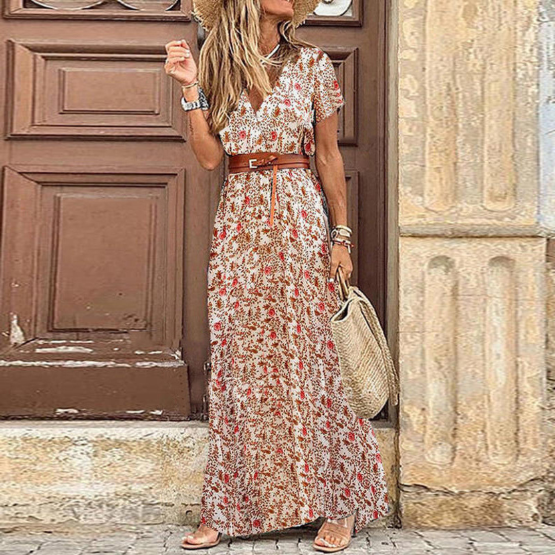 Donatella - Abito lungo con cintura e stampa floreale