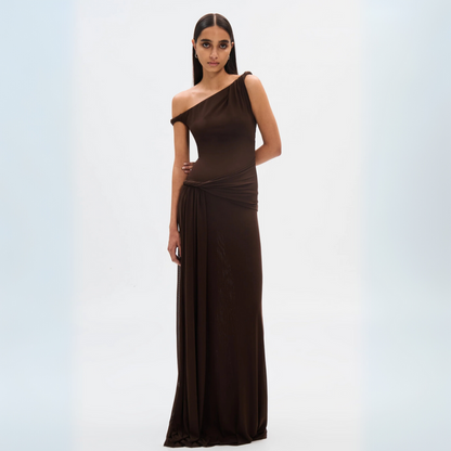 Nadia - Elegante abito lungo con spalle scese e schiena scoperta