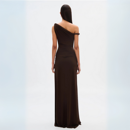 Nadia - Elegante abito lungo con spalle scese e schiena scoperta